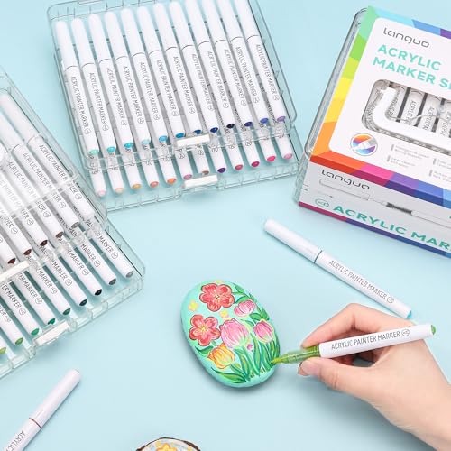 Image of languo 48 Colors Acrylic Paint Markers Pens Set, Soft Brush Tip Markers with Fast Drying & No-Bleed Ink, Acrylic Paint Pens for Rock, Wood, Egg, Ceramic, Fabric Painting, Art Supplies and DIY Crafts