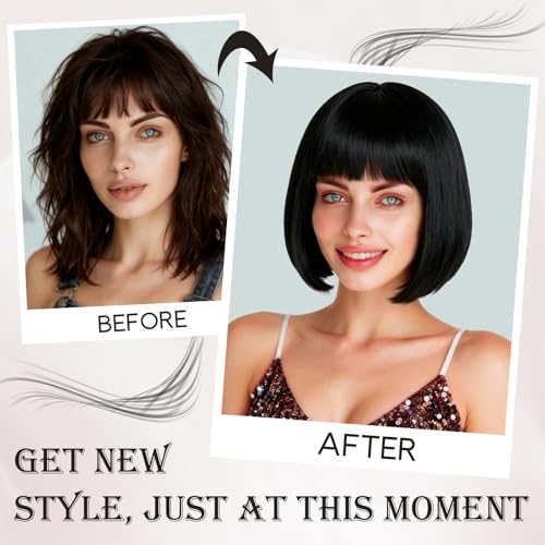 Image of PLULON Black Short Bob Wig with Bangs for Women, Colorful Neon Short Bob Synthetic Hair Wigs with Hair Cap Heart Sunglasses for Adults Men Daily Bachelorette Halloween Costume Party Supplies