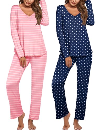 Image of Ekouaer Womens 2 Pack Pajama Set Long Sleeve Pajamas Top and Pants V Neck Pjs Set Soft Sleepwear Loungewear