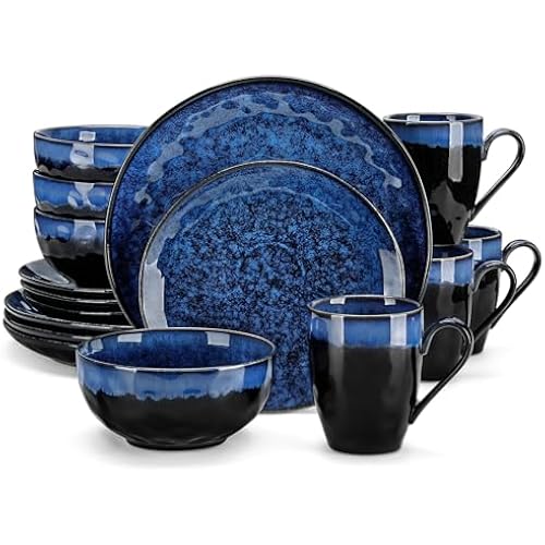 vancasso Starry 16 Pieces Dinnerware Set for 4, Reactive Glaze Blue Stoneware Plates and Bowls Set, Dishes Set with Mugs for 4, Microwave & Dishwasher Safe