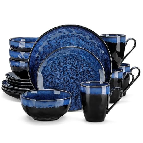 Image of vancasso Starry 16 Pieces Dinnerware Set for 4, Reactive Glaze Blue Stoneware Plates and Bowls Set, Dishes Set with Mugs for 4, Microwave & Dishwasher Safe