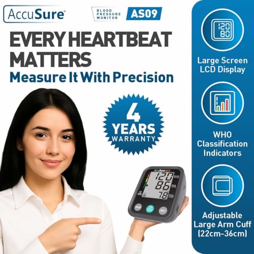 Image of AccuSure AS09 Fully Automatic Digital Blood Pressure Monitor With Large Display, Most Advanced Technology & Accurate Measurement - Arm Circumference (22-36Cm) includes Type-C USB power port, 4-Year Warranty