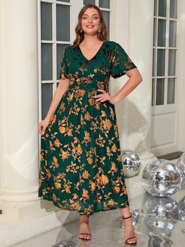 Image of Simplee Women's V Neck Velvet Maxi Dress Short Sleeve Empire Waist Long Formal Dress for Wedding Guest