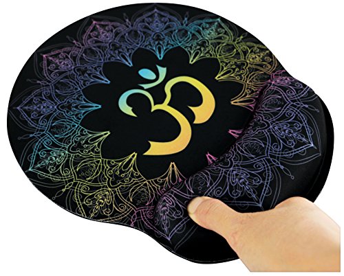 Spiritual Symbols Ohm Mandala Print Ergonomic Design Mouse Pad with Wrist Rest Hand Support. Round Large Mousing Area. Matching Microfiber Cleaning Cloth for Glasses & Screens. Great for Gaming & Work