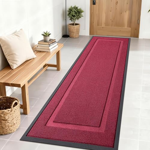 Image of OLANLY Front Door Mat Indoor Outdoor Entrance, Waterproof All-Season, All-Weather Doormat, Sturdy Natural Rubber, Low Profile, Easy Clean Patio Porch Entryway Mat, 71x23, Burgundy