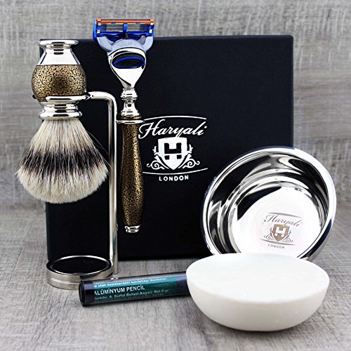 Haryali London 6 Pc Mens Shaving Kit 5 Edge Razor With Silver Tip Badger Hair Shaving Brush, Stand, Soap, Bowl and Alum Perfect Set For Men