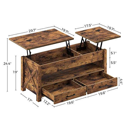Seventable Coffee Table,47.2" Lift Top Coffee Table With 2 Storage Drawers And Hidden Compartment, X Wood Farmhouse Support, Retro Center Table With Wooden Lift Tabletop, For Living Room,Rustic Brown #TOP2