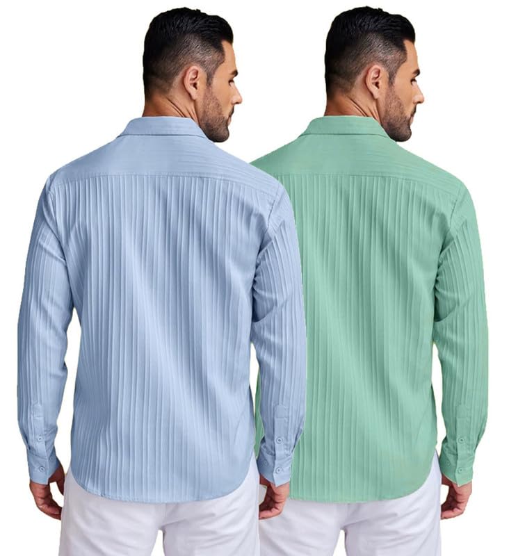 Image of DEELMO Combo of Men's Casual Button Down Shirts Long Sleeve Linen Shirt Fashion Textured Summer Shirts Pack of 2