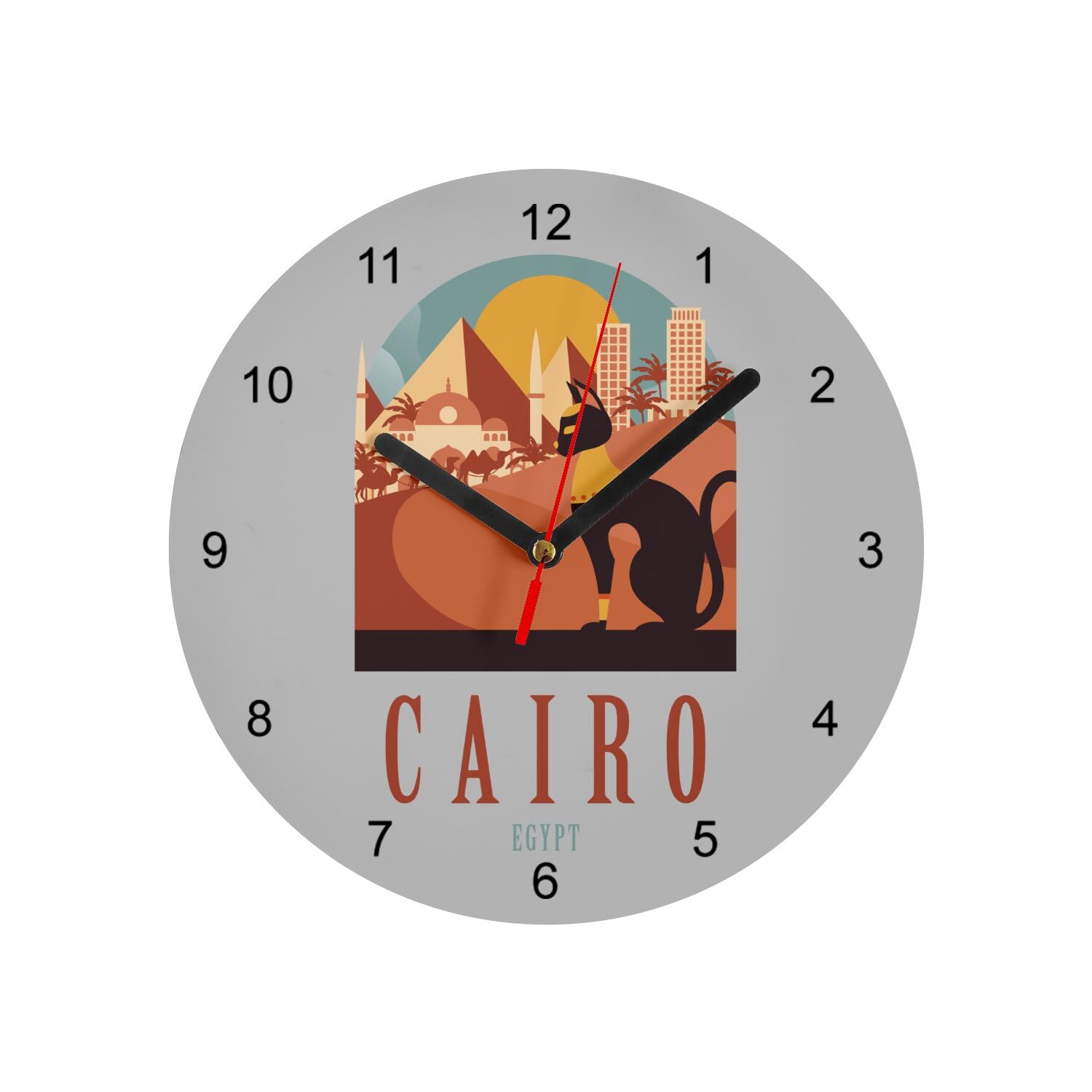 Horloge murale Égypte en verre au design épuré gris Sphinx et pyramide