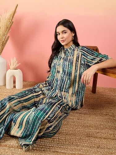 Image of Modeve Women Shirt Palazzo Foil Print Co-Ord Set