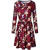ZESICA-Womens-Long-Sleeve-Floral-Pockets-Casual-Swing-Pleated-T-Shirt-Dress ZESICA Women's Long Sleeve Floral Pockets Casual Swing Pleated T-shirt Dress,Small,Burgundy Burgundy Small
