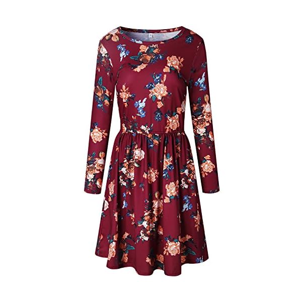 ZESICA-Womens-Long-Sleeve-Floral-Pockets-Casual-Swing-Pleated-T-Shirt-Dress ZESICA Women's Long Sleeve Floral Pockets Casual Swing Pleated T-shirt Dress,Small,Burgundy Burgundy Small
