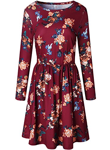 ZESICA Women's Long Sleeve Floral Pockets Casual Swing Pleated T-shirt Dress,Small,Burgundy Burgundy Small