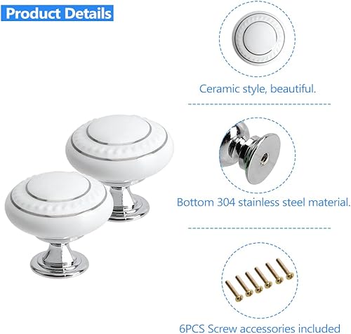 Miniatura 3 de Pomos de cerámica blanca para gabinetes de cocina, paquete de 12 pomos redondos vintage para cajones de aparador, pomos con tornillos para armario,