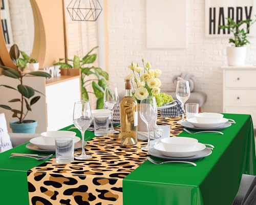 Image of Buryeah Leopard Print Tablecloth 54 x 108'' Leopard Plastic Table Cover Disposable Safari Animal Cheetah Print Party Decorations for Baby Shower Wedding Birthday Party Favors(Green,3 Pcs)