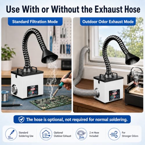 Image of MN01 Upgraded Solder Fume Extractor 105W 155 CFM LED Exhaust Hose | 2 m exhaust hose for small laser engraver, laser cutter, nail tech and PCB smoke; 3-layer 99.97% filter with alert