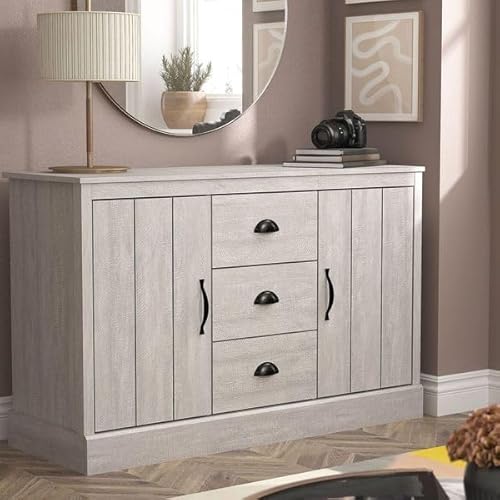 Galano Britley 2-Door 3-Drawer Sideboard – Storage Cabinet with Adjustable Shelves – Console Organizer for Living Room, Hallway, or Kitchen – Dusty Grey Oak – 113.0W x 40.7D x 72.0H cm