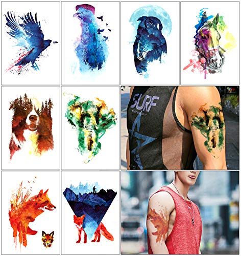 Oottati 8 Sheets Temporary Tattoo Arm Leg Fake Stickers - Hand Paint Colorful Watercolor Ink - Animal Zoo Owl Fox Bird Horse Elephant Dog Eagle