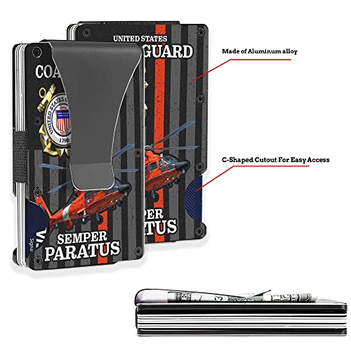Slim Wallet With Money Clip, Us Coast Guard Red Helicopter Semper Paratus Blocking Front Pocket Credit Card Holder For Coast Guard, 3.35 x 2.13, Black, MWL00013