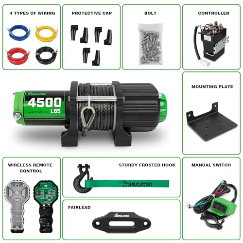 Image of STIMULATER 4500LB ATV Winch, with Synthetic Rope, with Wireless Remote and Wired Switch,Hawse Fairlead&Hook,IP67 Waterproof,Suitable for Most ATVs