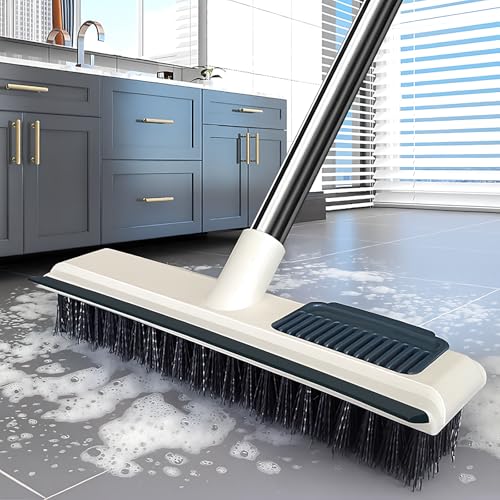 KATLKIU Cepillo de limpieza para suelo con mango largo y rasqueta integrada, cepillo 2 en 1 – Mástil de acero ajustable de 113 cm para baño, terraza, garaje, pared, piscina y cocina con cepillos de