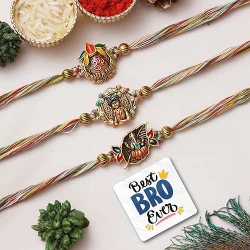 Image of eCraftIndia Set of 3 Lord Ganesha Krishna Om Designer Rakhi with Best Bro Ever Fridge Magnet & Roli Chawal Pack | Rakhi for Brother Bhabhi Kids | Traditional Raksha Bandhan Thread Set