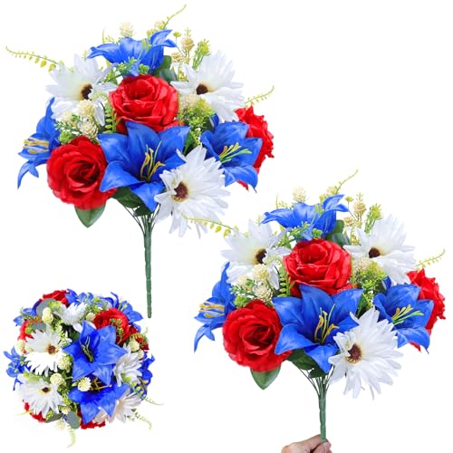 Large 20 Heads Artificial Cemetery Flowers for Grave, 2 Bunches Fake Flowers Patriotic Memorial Bouquets, 4th of July Red White Blue Roses Sunflower Lily for Outdoor Indoor Home USA 250th Anniversary