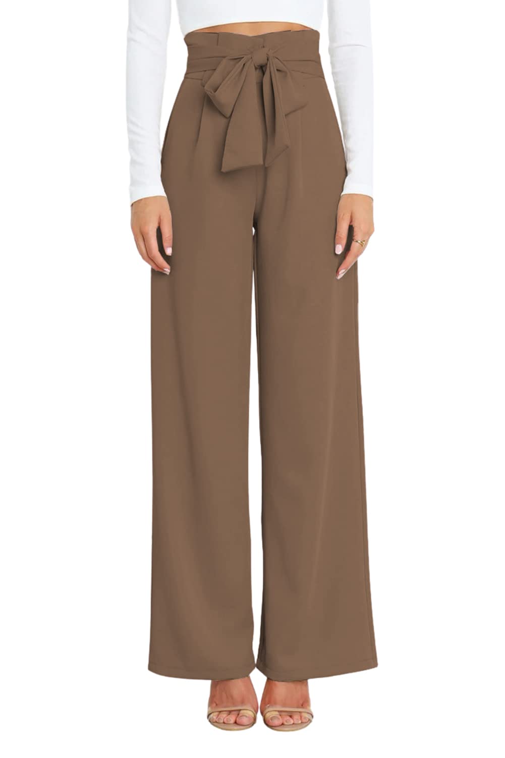 CHARTOU Womens Casual Plain Stretchy Bow Tie High Waist Straight Leg Palazzo Paper Bag Pants