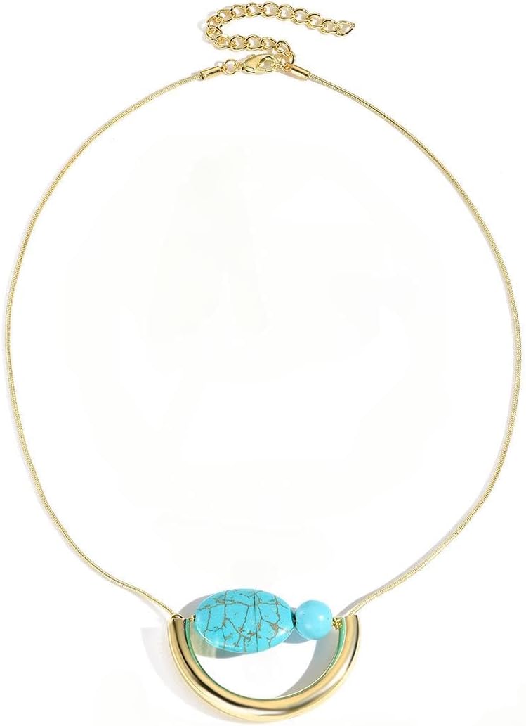 GLIMORA|Boho Turquoise Pendant Necklace for Women, Oval Stone with Gold - Tone Crescent Design, Vintage Ethnic Style Choker Jewelry, Perfect for Casual & Party Looks