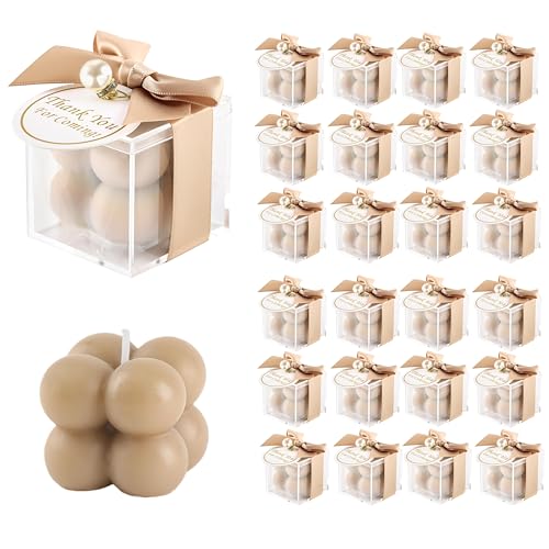 ACITHGL 30 Sets Small Bubble Candle Wedding Candles Favors for Guests Bulk Bridal Shower Favors Candles with Stylish Ribbons Thank You Cards Gifts (Tan)