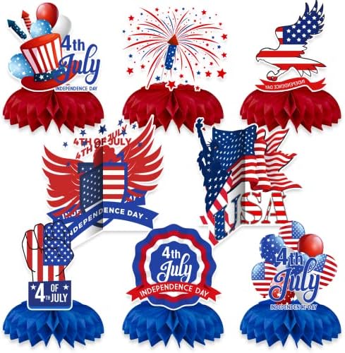 8pcs 4th of July Honeycomb Centerpieces Patriotic Party Honeycomb Decoration July 4th Decor Cakes Balls Table Toppers Patriotic Party Paper Centerpiece Signs 4th of July Table Decorations