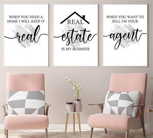 NATVVA Pintura en lienzo de 3 piezas, impresiones plateadas, arte de pared de bienes raíces, póster modular, citas de agente inmobiliario, imágenes
