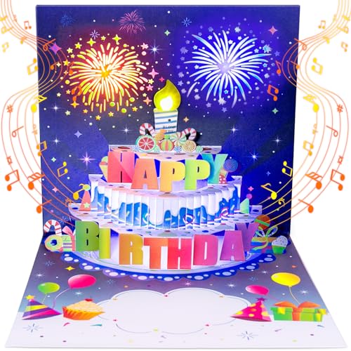 Image of INPHER UPGRADED Blowable Birthday Cards 3D Pop Up Fireworks Cake Light and Music Happy Birthday Card Gifts for Women Men Mom Kids