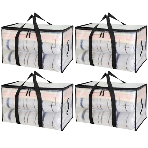 Zhufas 4 Piezas Bolsas Almacenaje Ropa De 90 L Con Tapa Caja De Mudanza Transparente Almacenamiento De Ropa Grande Bolsa De Mudanza Con Asa Para Guardar Y Organizar-image