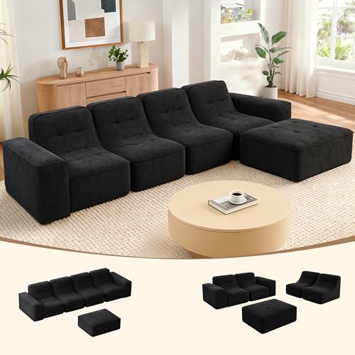 143.7' Cloud Couch, Modular Sectional Sofa, Sparkling Chenille L Shaped Couch with Curved Backrest, 5-Seater Deep Seat Boneless Couches for Living Room, No Assembly Required (Black, 5 Seater)