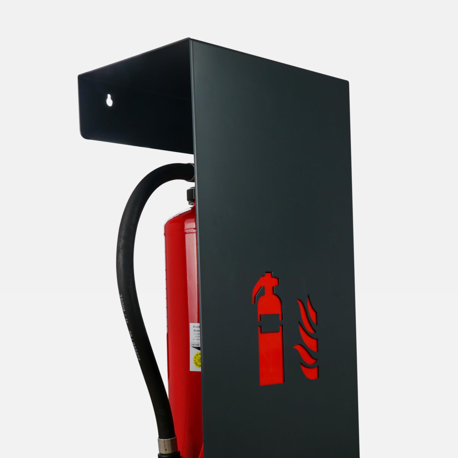 Kompakte Feuerlöscher Abdeckung Schwarz aus Stahl für Feuerlöscher bis 60 cm Höhe – Moderne Brandschutzlösung