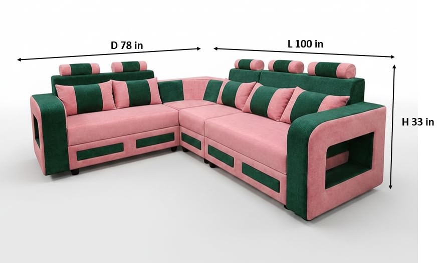Image of APRODZ Wooden Sofa Set 6 Seater for Living Room, Solid Wood L Shape Sectional Sofa with Velvet Fabric Upholstery, Cushioned Seating for Home, Office & Lounge, Green & Pink