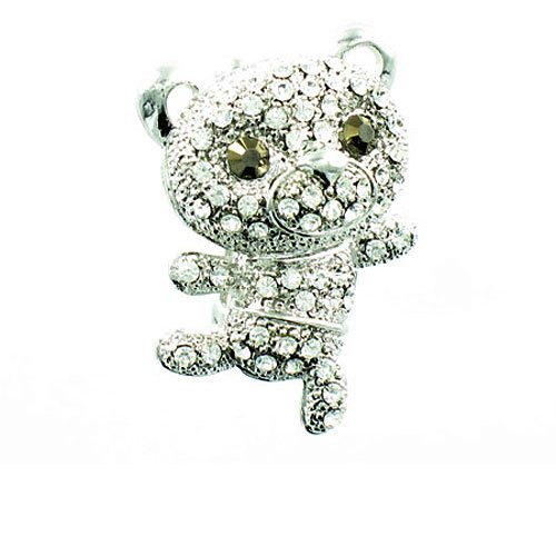 Broche de oso bañado en plata de ley y cristales transparentes finos