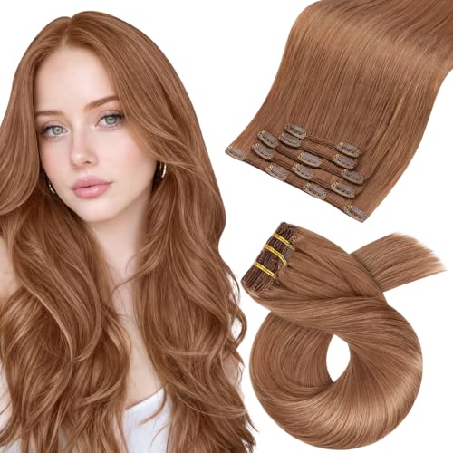 Image of Moresoo Light Copper Brown Clip in Hair Extensions, Warm Auburn Tone | Clip in extensions real human hair, 10 inch 80g 5pcs, invisible double weft for fine hair and natural blend