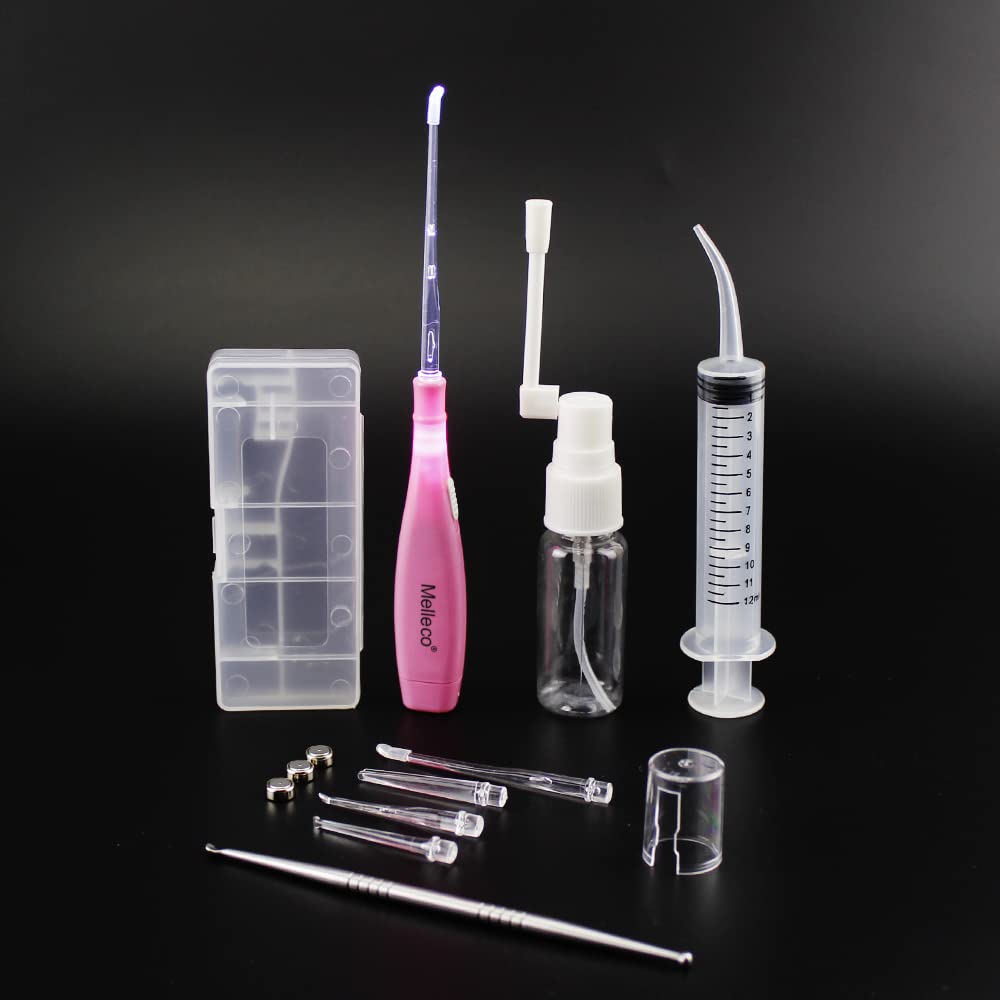 MellecoUpgraded 6.75" Long Tonsillith Pick Tonsil Stone Remover Tool Care, Pink + Cleaning Irrigator Syringe + Stainless Steel Pick + Throat Nose Nasal Mist Pump Bottle