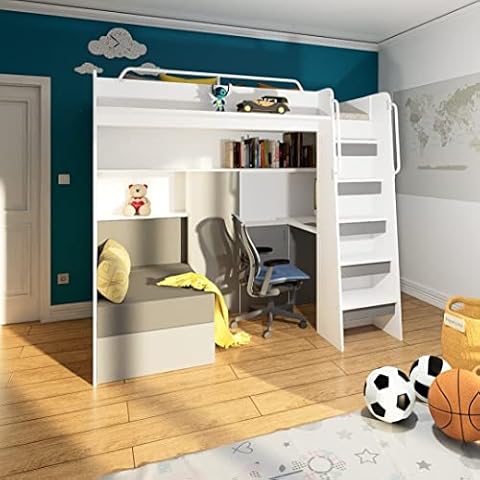 Marlux-Meble Hochbett JSM-7 90x200 TREPPE RECHTS mit Schreibtisch Schränke und Ausklappbares Sofa 70x180 Matt Funktionsbett Etagenbett Stockbett Kinderhochbett Jugendhochbett Cover