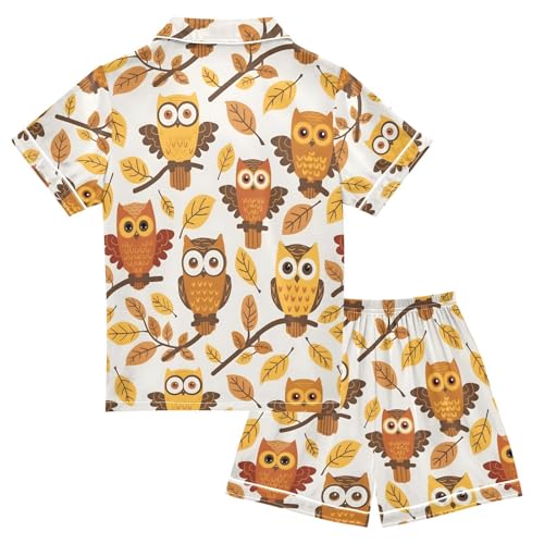 ALAZA Owl Yellow Leaves Pajamas Satin Pajama Set Short Sleeve Button Down Sleepwear2
