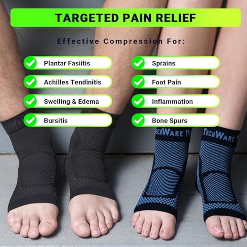 TechWare Pro Ankle Brace Compression Sleeve - Relieves Achilles Tendonitis, Joint Pain. Plantar Fasciitis Foot Sock with Arch Support Reduces Swelling & Heel Spur Pain. (Black/Blue, XXL) - Thumbnail 2