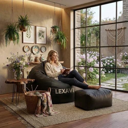 Image of LEXAVI Brand - XXXXXXL Jumbo Bean Bag Chair with Footrest Premium Imported Soft Faux Leather, Extra Comfortable and Big Size to Other Bean Bags Without Beans (Cover Only) I Color- (6XL-Black)
