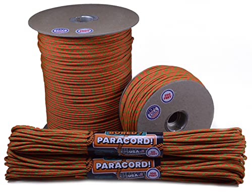 Bored Paracord - 1', 10', 25', 50', 100' Hanks & 250', 1000' Spools of Parachute 550 Cord Type III 7 Strand Paracord Well Over 300 Colors - Neon Green and Orange Camo - 50 Feet