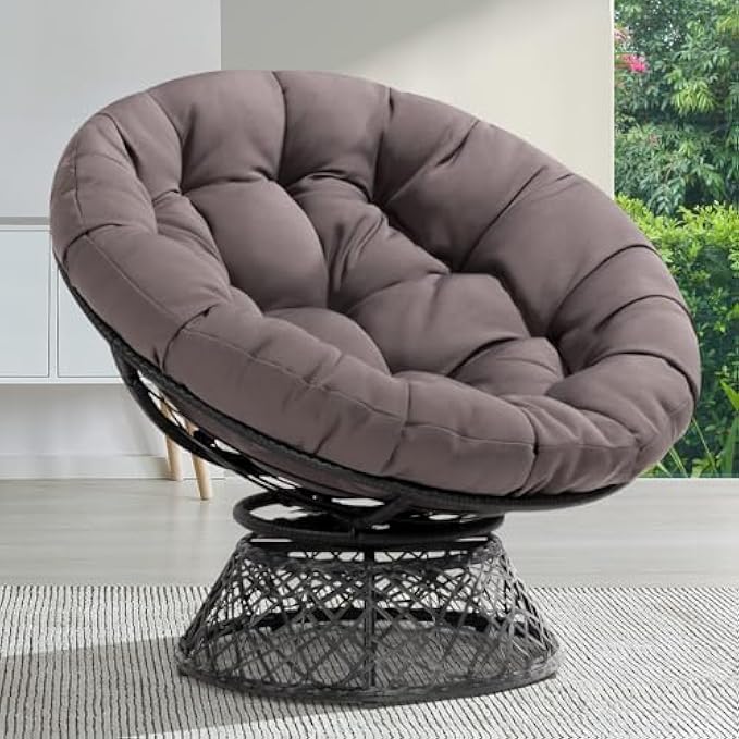 Bme 40" Ergonomic Wicker Papasan Chair with Soft Thick Density Fabric Cushion, High Capacity Steel Frame, 360 Degree Swivel for Living, Bedroom, Reading Room, Lounge, Smoky Quartz - Black Base