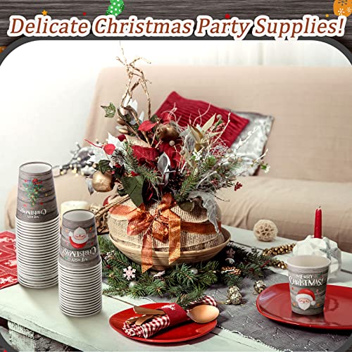 100 Pieces 9 oz Christmas Paper Cups Christmas Tree Wooden Design Cups Christmas Hot Cocoa Cup Christmas Party Supplies Disposable Christmas Paper Cups for Coffee Party Holidays Dinner
