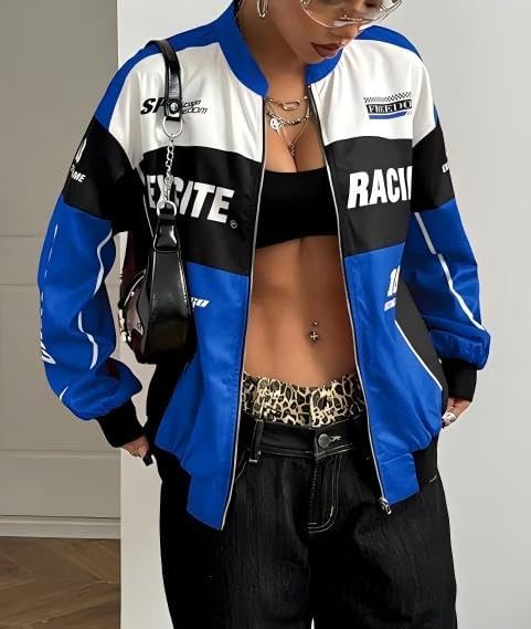 Chvity Womens Racing Jacket Color Block Letter Graphic Bomber Jackets Zip Up Lightweight Varsity Coats Y2k Outerwear - Image 2