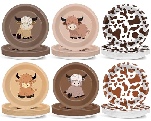 60Pcs Highland Cow Party Supplies Brown Cow Party Paper Plates 7Inch Highland Cattle Plates Western Cattle Dinnerware Decorations for Birthday Baby Shower Farmhouse Disposable Parties Supplies