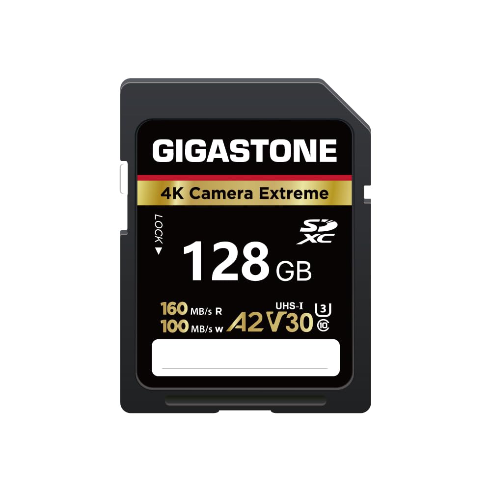 GIGASTONE Karta SD 128 GB, kamera 4K, prędkość do 160/100 MB/s, A2 V30 U3 SDXC 4K Ultra HD UHD Video do DSLR Canon, Nikon, Sony, Pentax, Kodak, Panasonic, z 1 mini etui